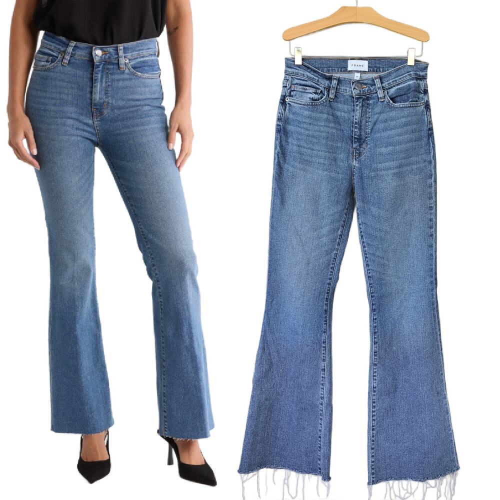 FRAME JEANS Le Easy Fray Hem Flare Jeans Bixby Wash Jeans Size 27 High Waist
